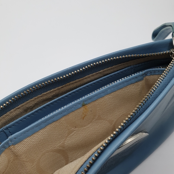 EXTRA 30% OFF🖤 Oroton Dusty Blue Leather Silver Logo Zip Top Pouch Wrislet - Picture 14 of 15